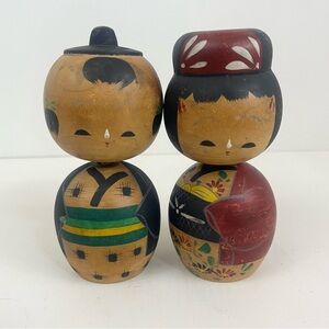Kokeshi Nodder Wooden Japanese Dolls Set Bobble Head Dolls Rare Unusual 5” Set